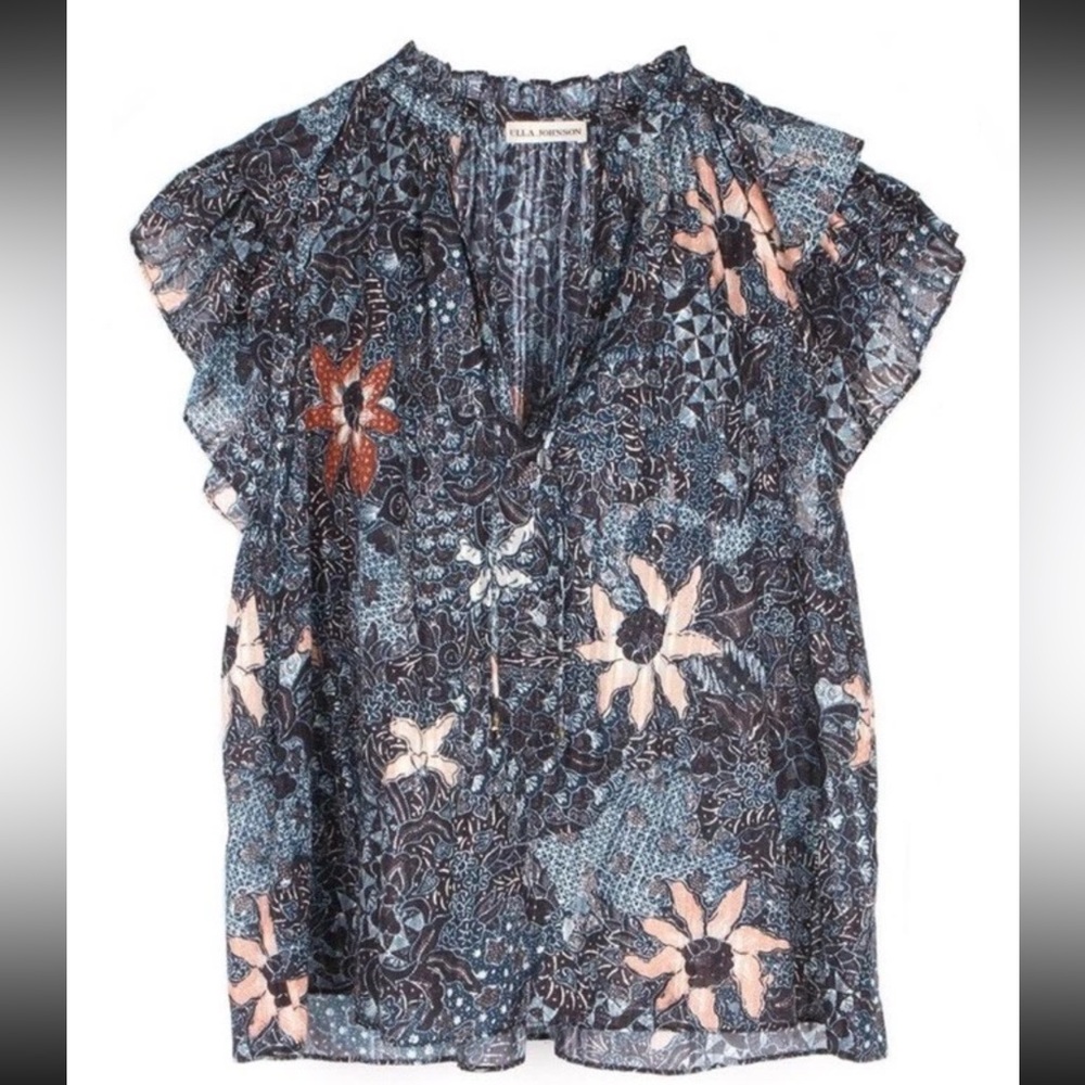 Ulla Johnson Azul Floral Blouse in Blue and pink